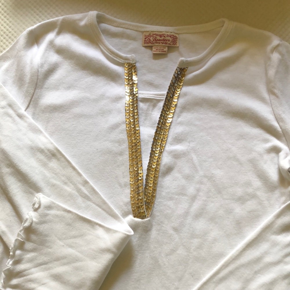 Top girls new size M long sleeve Beautees cotton gold & silver sequins pullover